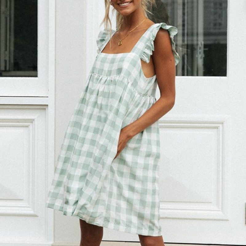 Ardm Dresses For Women Casual Green Plaid Square Collar Ruffled Loose Backless Summer Sweet Mini Dress