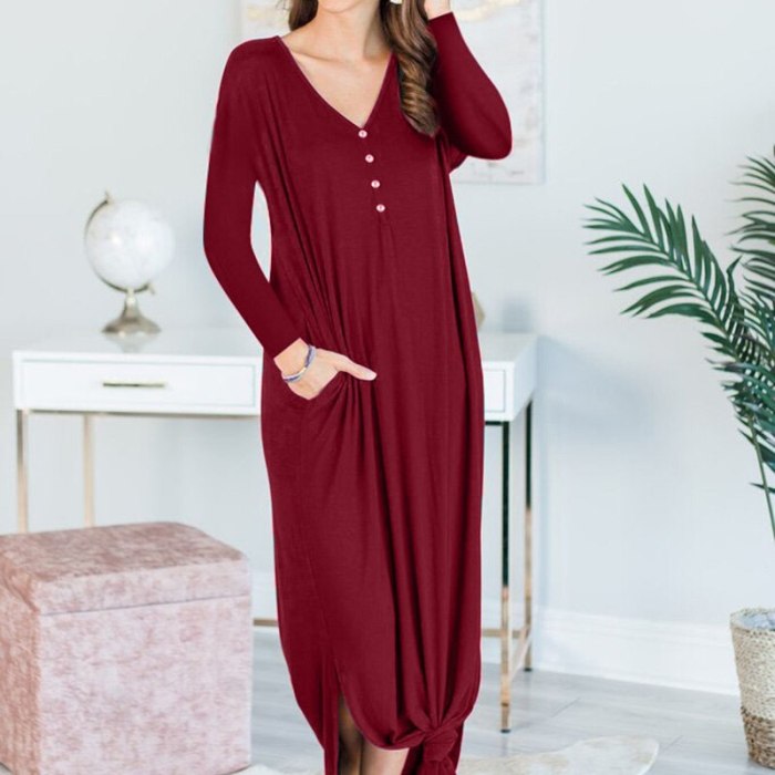 Women Lady Long Sleeve V Neck Buttons Solid Color Dress Fashion for Autumn Winter -OPK