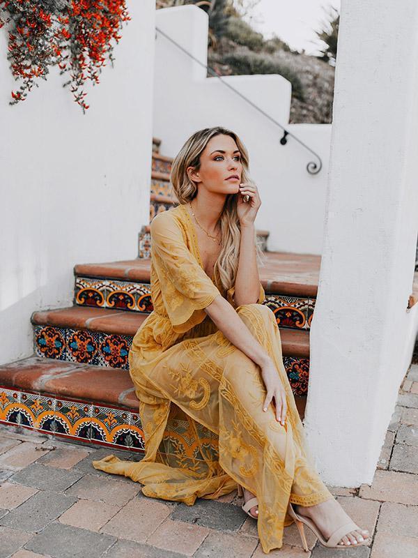 Yellow Lace V-neck Split-side Cover-up Dress