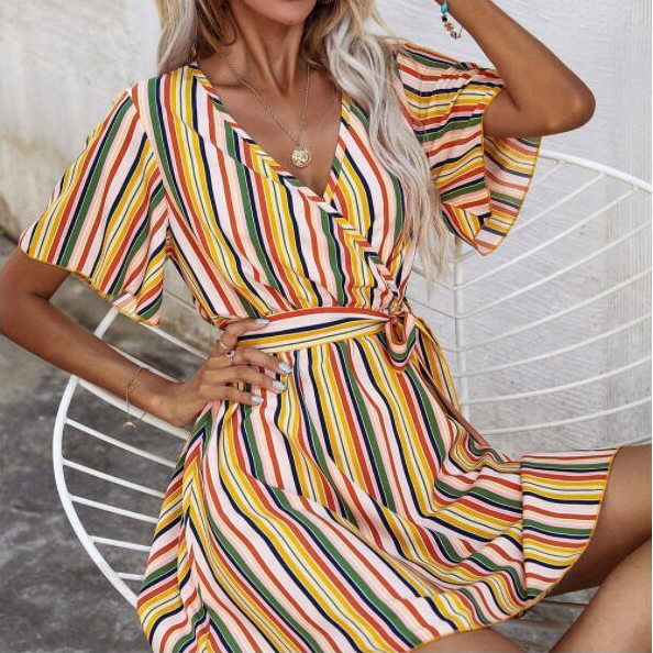 Summer Striped Print Slim A-Line Dress Short Sleeve V-Neck Sashes Mini Dresses Female Fashion Casual Street Sundress Vestido New