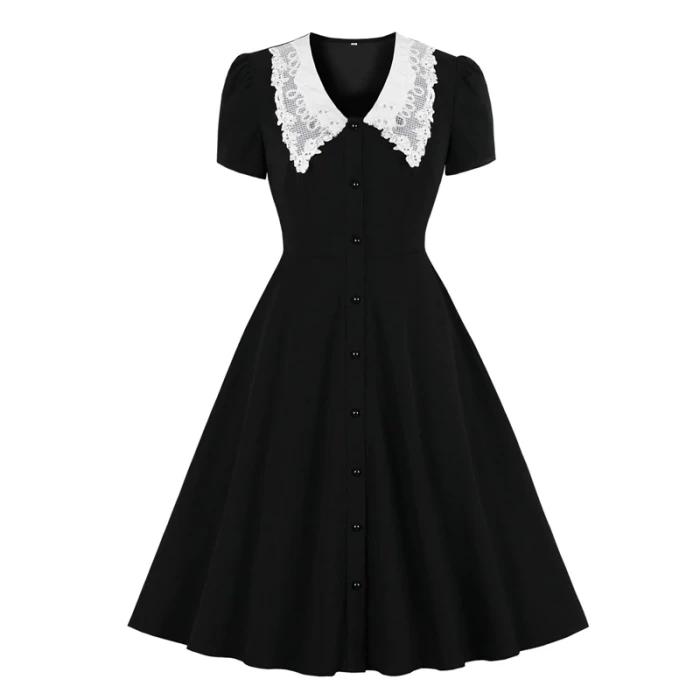 Tonval Lace Peter Pan Collar Single-Breasted Elegant Black Dresses for Women 2021 Vintage Rockabilly Robe Summer Dress