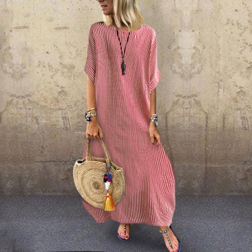 Fashionable Round Collar Loose Stripe Short Sleeve maxi Dress