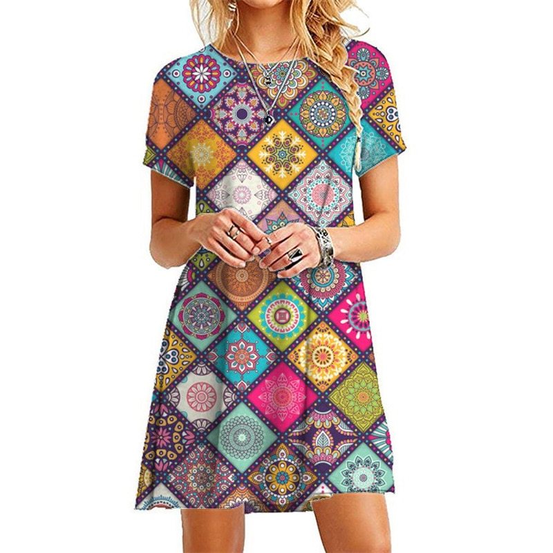 2021 Summer Casual Geometric Short Sleeve Woman Dress Plus Size O-Neck Rhombus Patchwork Loose Holiday Dresses