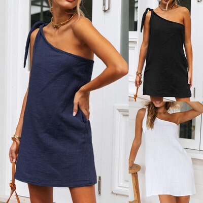 New Style Women'S Slanted Shoulder Slimming Strappy Sexy Dress Summer Women'S Solid Color Casual Mid Length Beach Dress