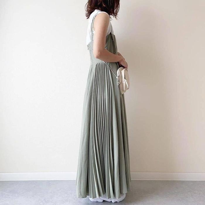 Japanese Women Long Dress Waist Pleated Maxi Dresses Suspenders Solid Color Wild Suspender Female Sling Dress Pleated Patchwork