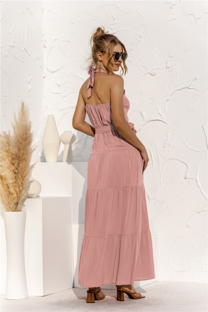 Summer Solid Halter SleevelessFashion New Casual Sashes Ruffles Dress Ladies Long Dress