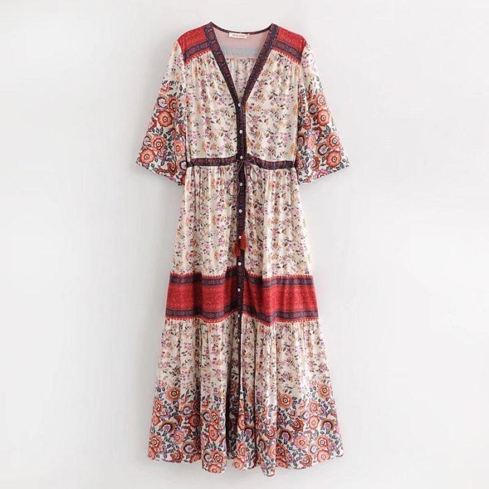 Bohemian Printed Patchwork V-neck Short Sleeve Self Belted Button Front Open Club Maxi Dress Tunic Sexy Women Clothes 2020 A471