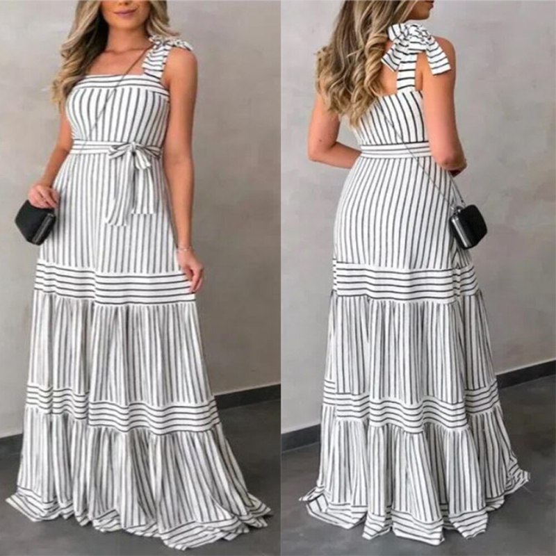 Sexy Spaghetti Backless Womens Maxi Dress Summer Striped Pleated Patchwork Lace Up Off Shoulder Bohemian Strap Dresses For Women