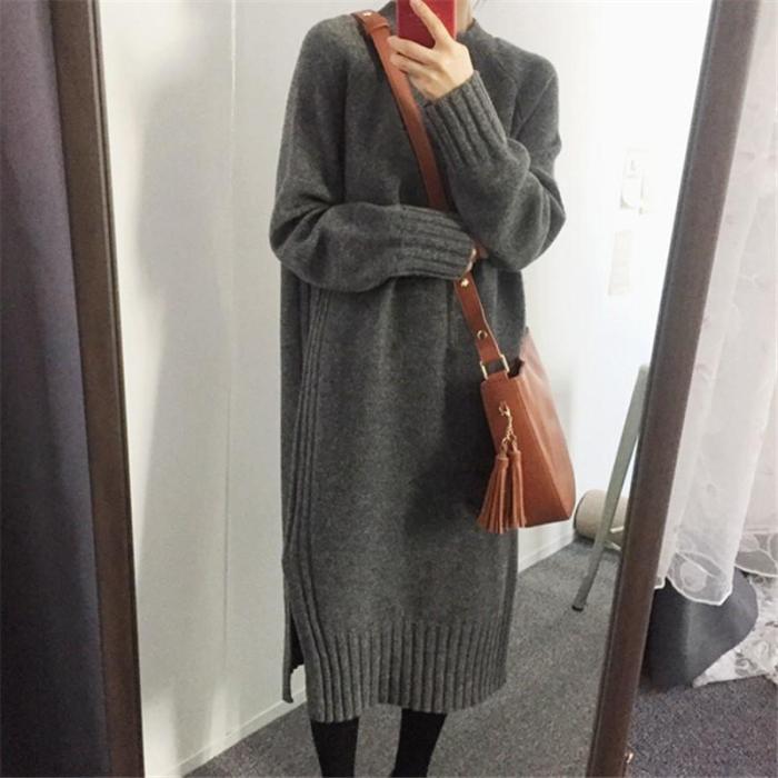 Fashion Long Sleeve Loose Flattering Knitted Maxi Dress