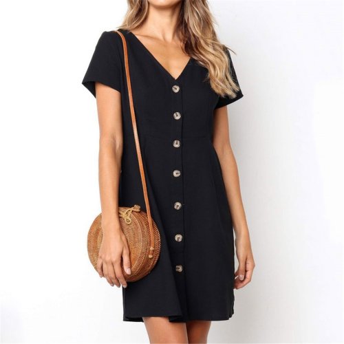 Daily Plain V Collar Loose Shift Dress