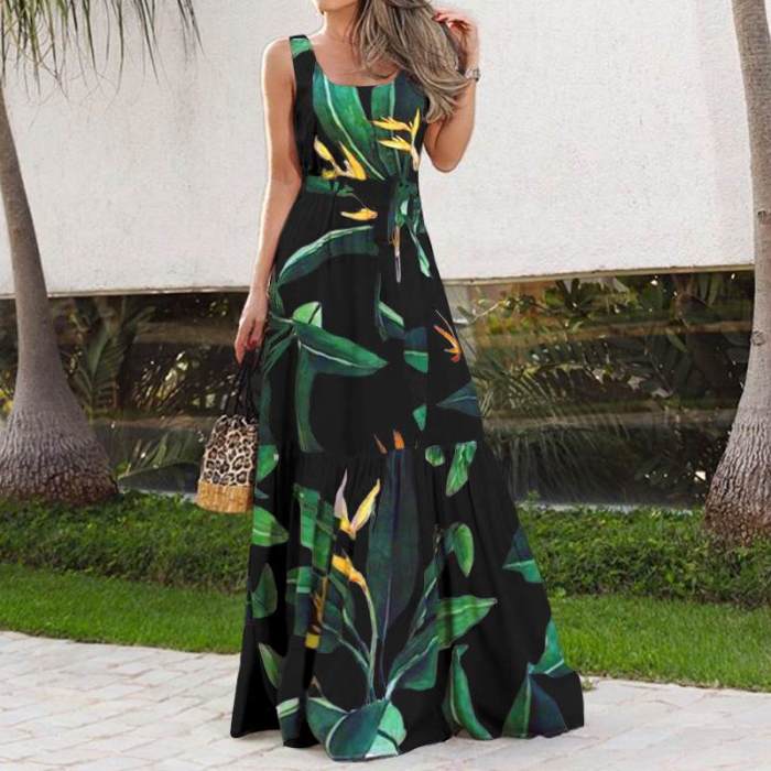 Summer Bohemian Holiday Long Dress Celmia Floral Print Beach Dress Women Sleeveless Maxi Dresses