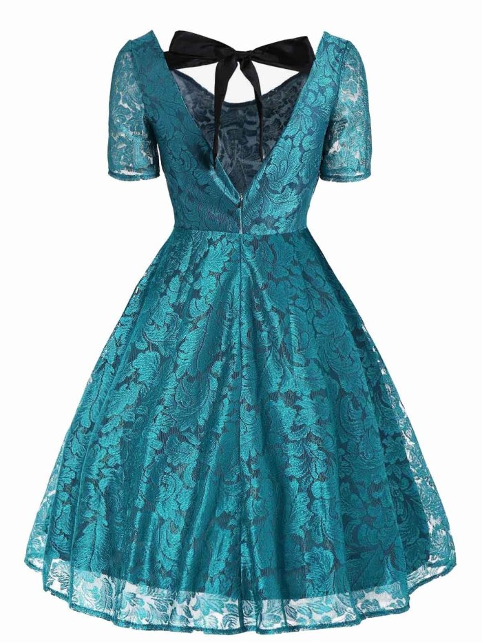 1950s Floral Back Lace Up Dress