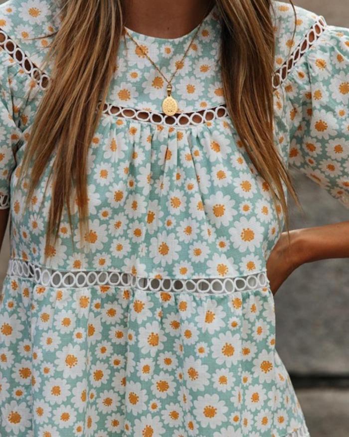 Trendy Hollow-Out Print Short Sleeve Mini Dress