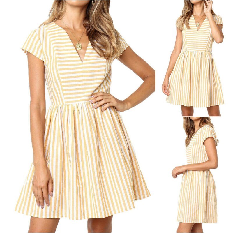 Womens Ladies Short Sleeve V Neck Fashion Striped Summer Loose Baggy Midi Dress