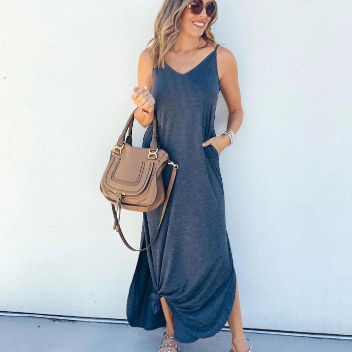 Casual Spaghetti Straps Plain Beach Maxi Dress