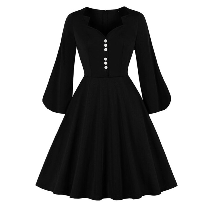 Elegant Female Slit Flare Sleeves Dresses 2021 V Neck Button Up Sexy Dress 40s Vintage Dress 1940s Black Solid Dress Vestidos