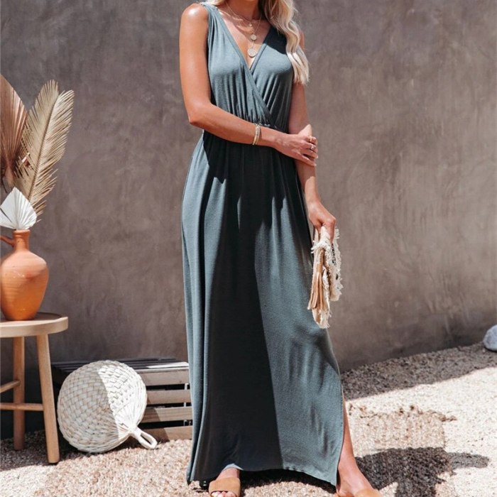 Sexy Elegant Women Dress 2021 Summer Casual Deep V-neck Spaghetti Straps Loose Maxi Dress