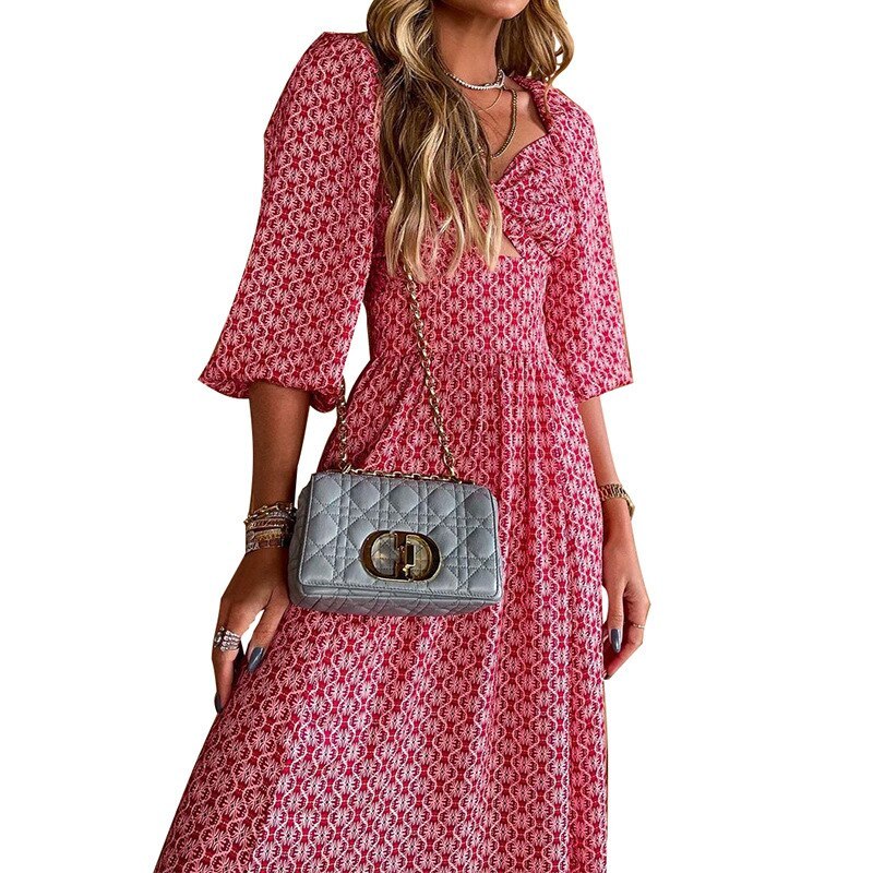 Print Square Collar Backless Long Dress