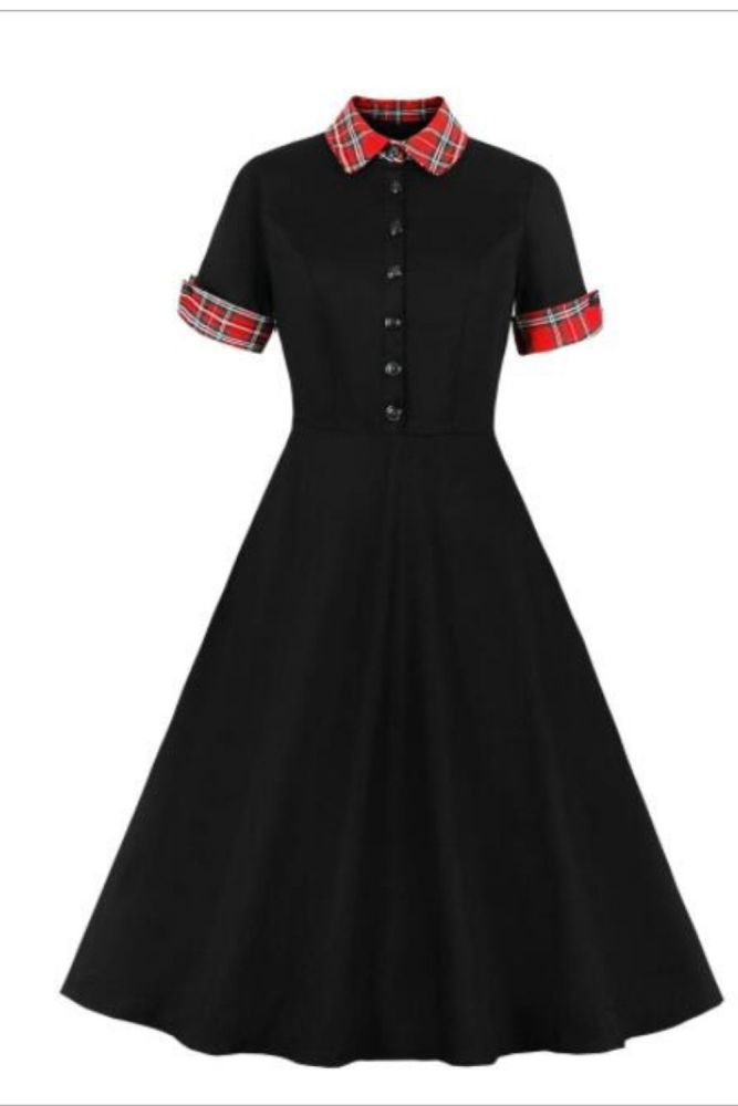 Tonval Contrast Tartan Collar and Cuff 1950s Vintage Black Midi Dress Button Up Elegant Women 95% Cotton Swing Dresses