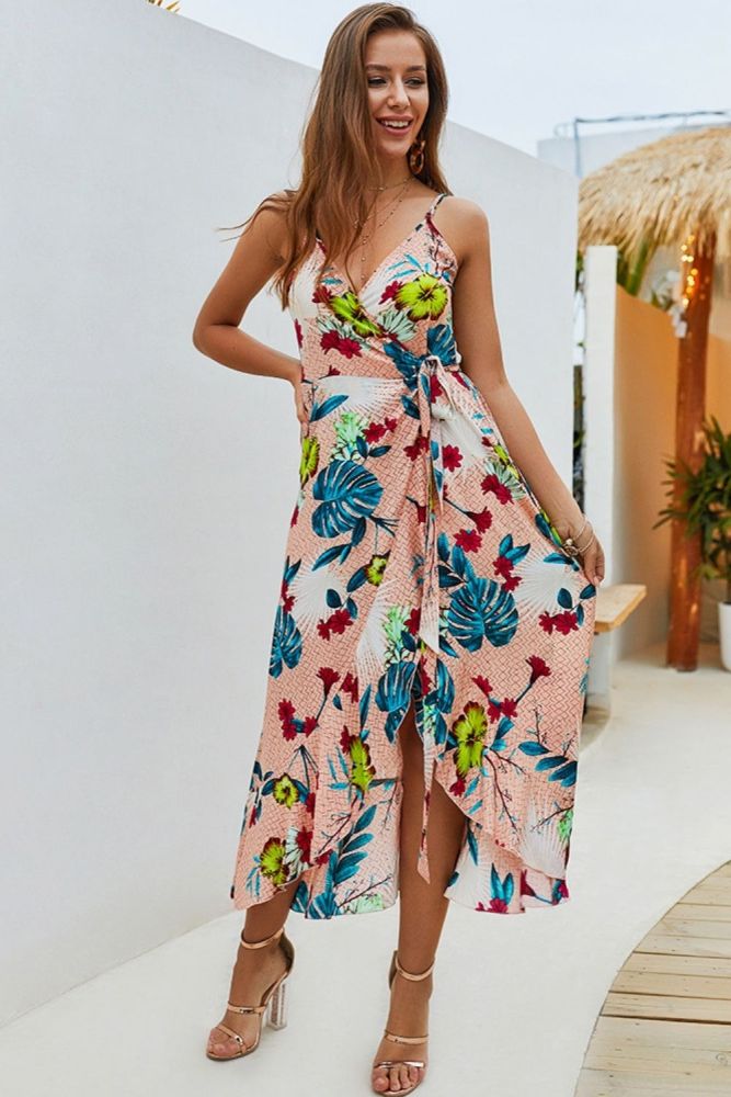 Summer Long Floral Print Dress V-neck Sleeveless Women Casual Beachwear Girls Suspenders Ethnic Strap Holiday Dresses