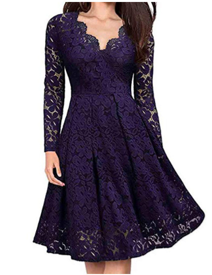 Elegant Sexy Dress for Women Vintage Lace Long Sleeve V Neck Black Blue Robe Femme Casual Dresses Woman Party Night 2021