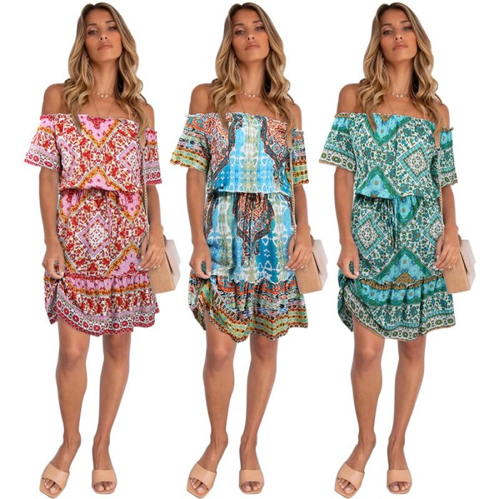 Temperament 2021 New Occident Female's Fashion Print Short Sleeve off-the-shoulder Bohemian Beach Dress Holiday Travel Dress 447