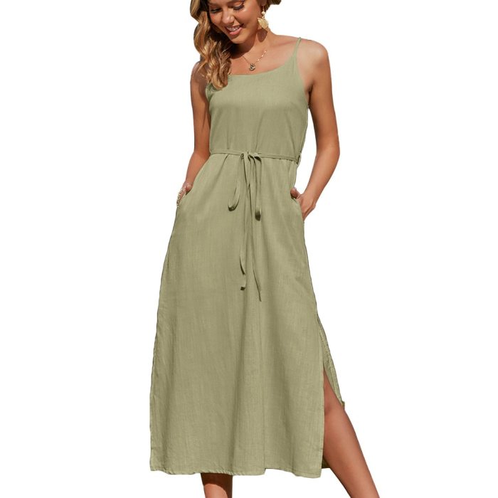 Cotton And Linen Condole Belt Dress Split Leisure Linen Dress