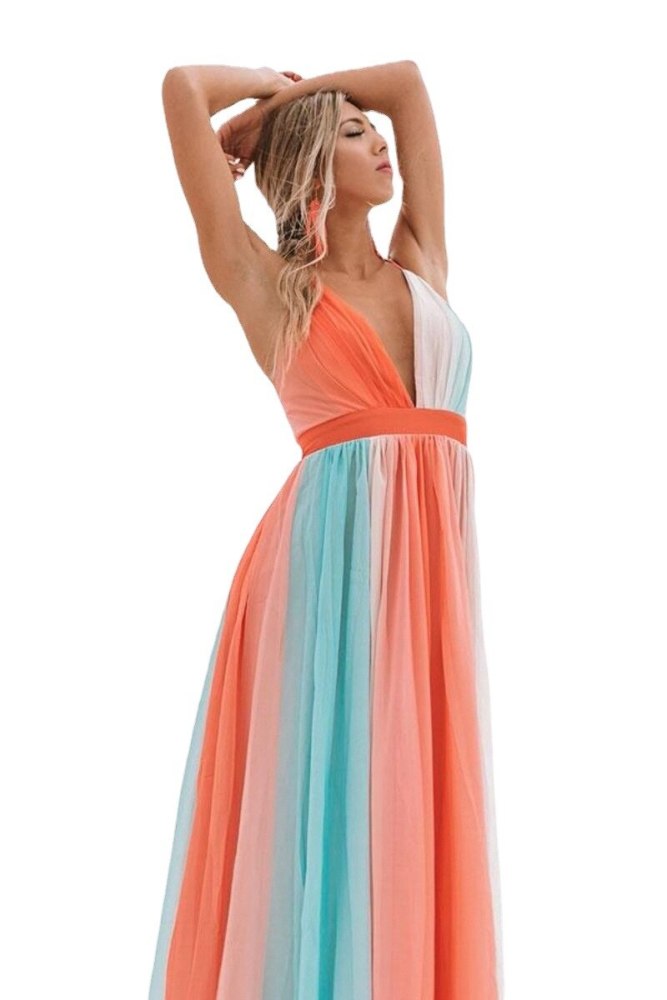 Women Dress Rainbow Patchwork Deep V Neck Bohemia Dress Sexy Long Backless Spaghetti Strap Maxi Dresses Plus Size