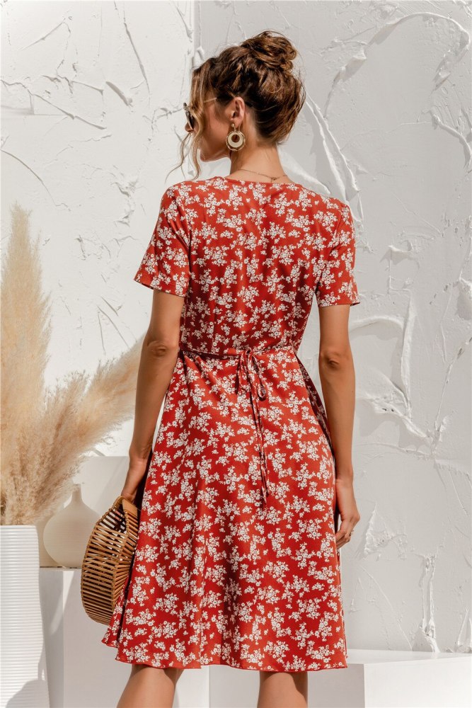 Woman Sweet Floral Dress Irregular Knee-Length Midi Dress Sexy V-Neck Short Sleeve Summer Women's Dress 2021 Robe Femme Vestidos