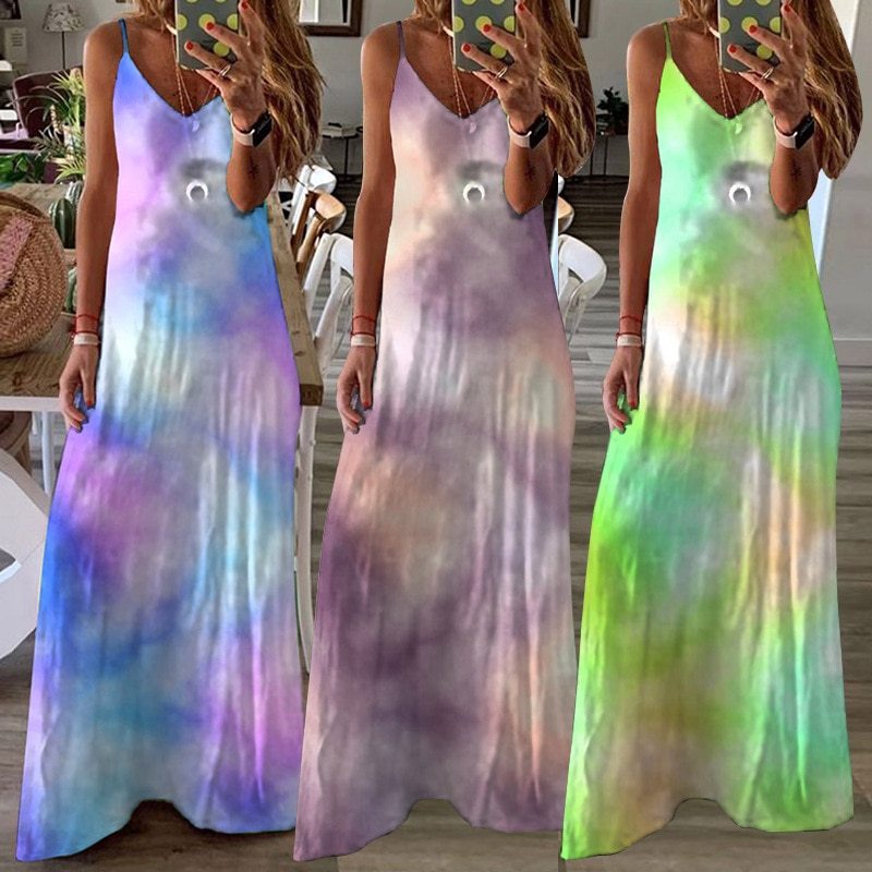 Sexy Tie Dye Print Dress for Women Sleeveless Gradient Maxi Dress 2021 Spaghetti Strap V Neck Summer Dresses Vestido De Mujer