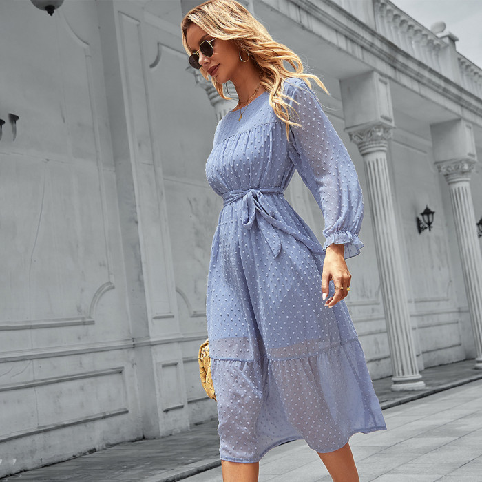 Elegant O Collar Women Lace up Dots Dress Sweet Slim Long Sleeve Long Dress 2022 Spring Summer High Waist Party Vestidos