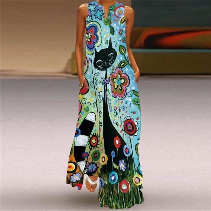 Large Size Sexy V-neck 3D Painting Print Emerald Flower Dresses 2021 Summer Sleeveless Long Dress Casual Beach Dress Party Dress