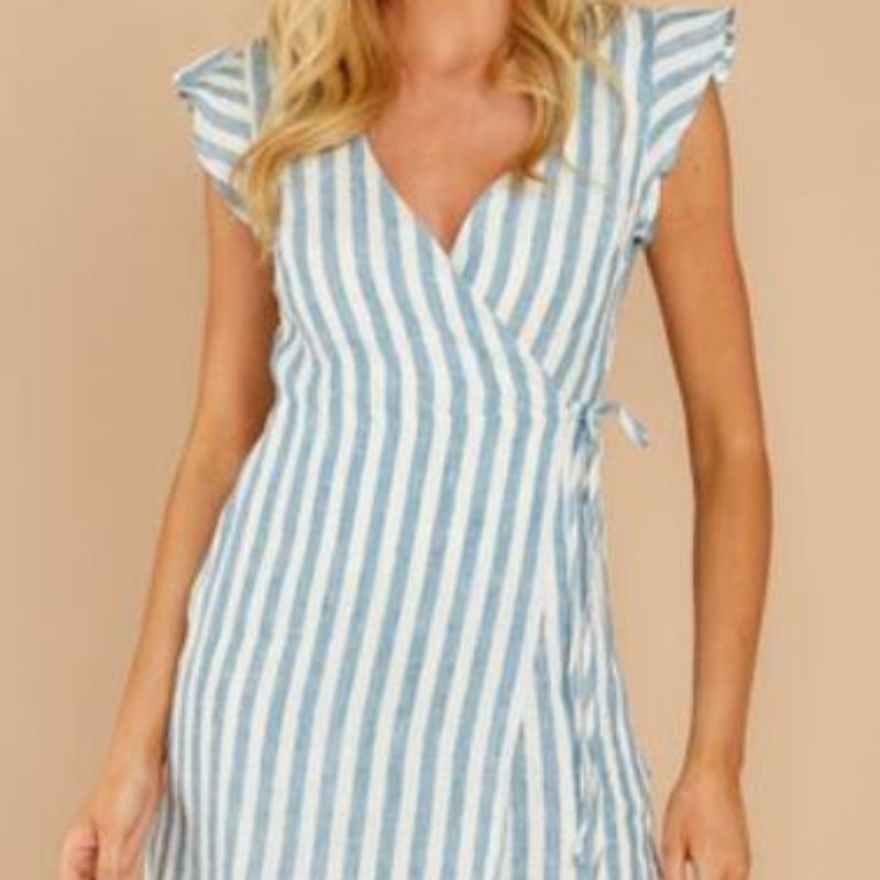 Vintage Stripe Ruffle Sleeve V-Neck Lady Summer Office Bandage Mini A-Line Dress