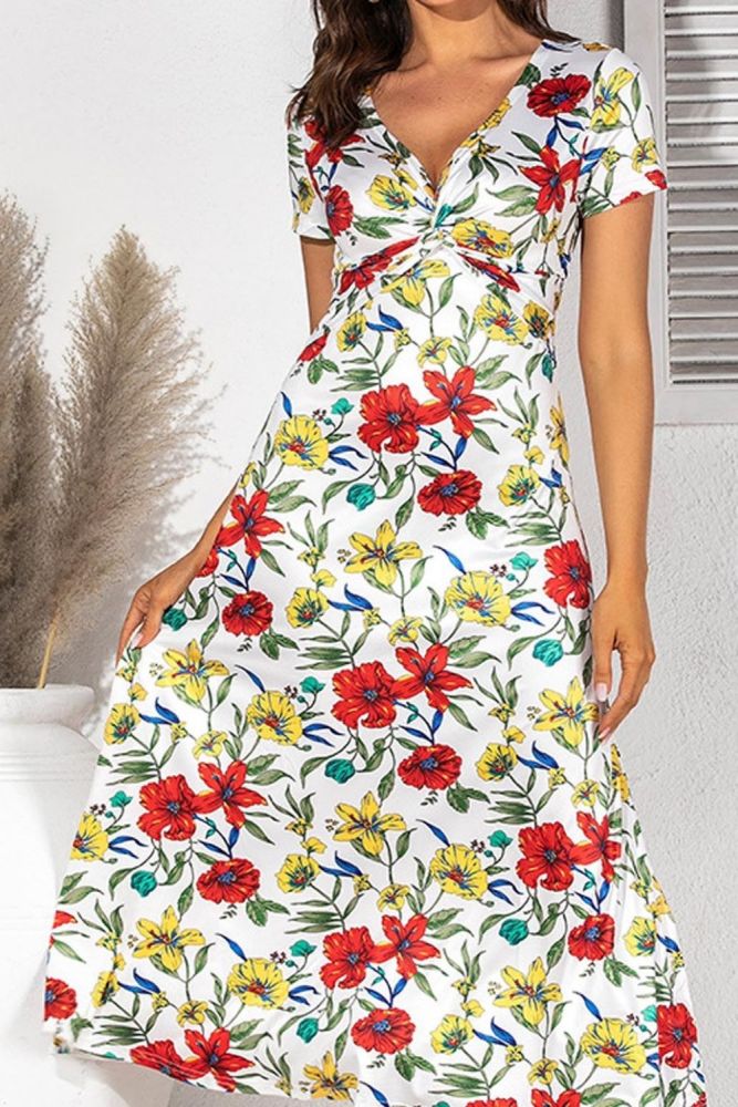 Vintage Floral Print Maxi Dress Women Boho Short Sleeve Long Dress Cross Ruched V Neck Ladies Elegant A-Line Dresses