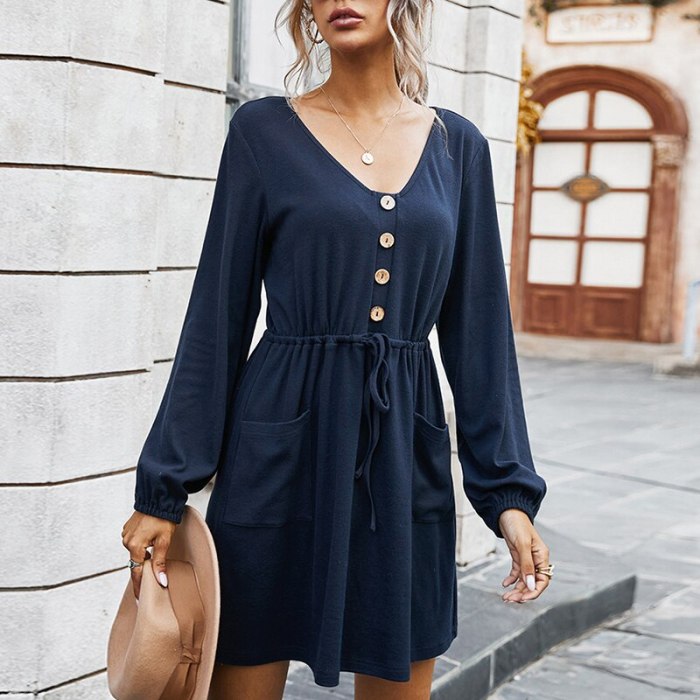 Elegant Solid Women Dress Sexy V-Neck Long Sleeve Drawstring Button Office Lady Mini Dresses With Pockets