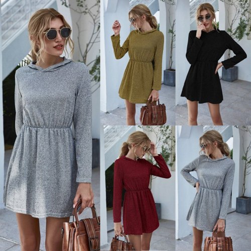 Leosoxs Fashion Long Sleeve Hooded Women's Mini Dress Spring Autumn 2020 New Casual Solid Knitting Elastic Waist Ladies Dresses