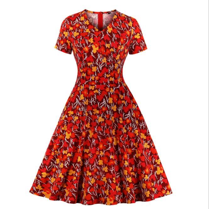 Tonval Multicolor Floral Print High Waist Vintage Pinup A Line Dress Short Sleeve Autumn Women Pocket Elegant Party Dresses