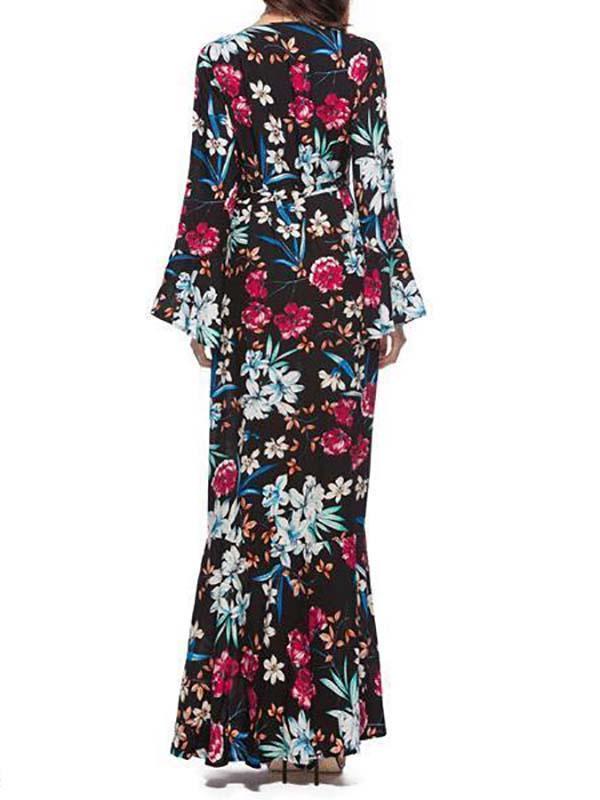 Sexy V-Neck Printed Long Sleeved Maxi Dress