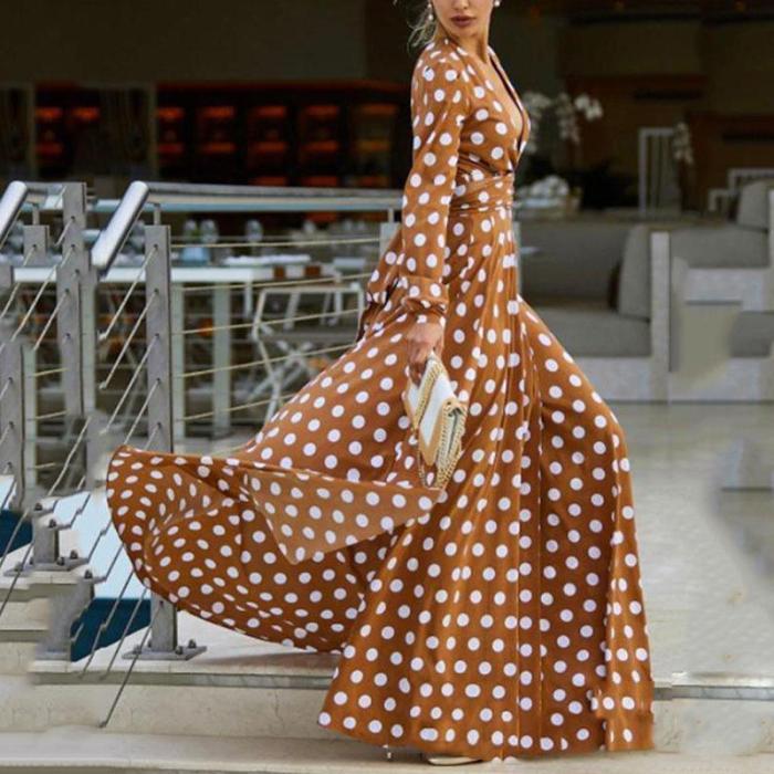 Sexy deep V-neck polka dot print maxi dress
