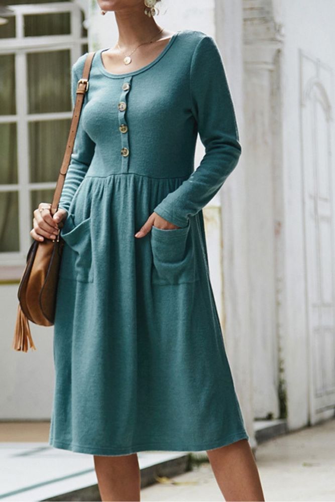 New A Line Dresses Women Autumn Winter Dress Vintage Long Sleeve Dress Ladies Office Midi Dress Buttons O Neck Vestidos