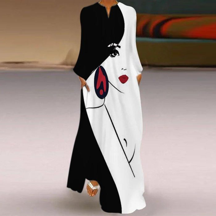 Vintage Abstract Face Printed Long Party Dress Women Robe V-neck Long Sleeve A-Line Dress