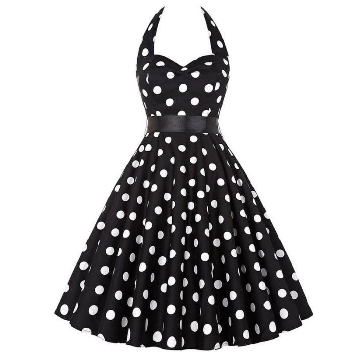 Polka Dot Retro Dress Halter Party Dress Bow Hepburn Vintage Pin Up Rockabilly Dresses Robe Plus Size Elegant Midi Dress