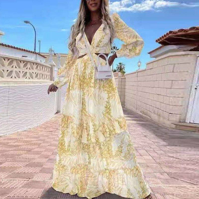 Sexy Criss-cross Hollow Out Boho Long Dress Women Deep V Neck Ruffle Party Dress 2021 Spring Summer Long Sleeve Maxi Beach Dress