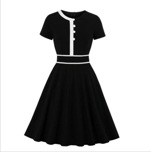Short Sleeves Button Up Decor Women Dresses Solid Vintage Dress Female Black And White Color Contract Dress