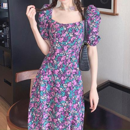 Women Retro Freach Puff Sleeve Square Collar Dress 2021 New Summer Short Sleeve Floarl Printed A-Line Dress Female Maxi Vestidos