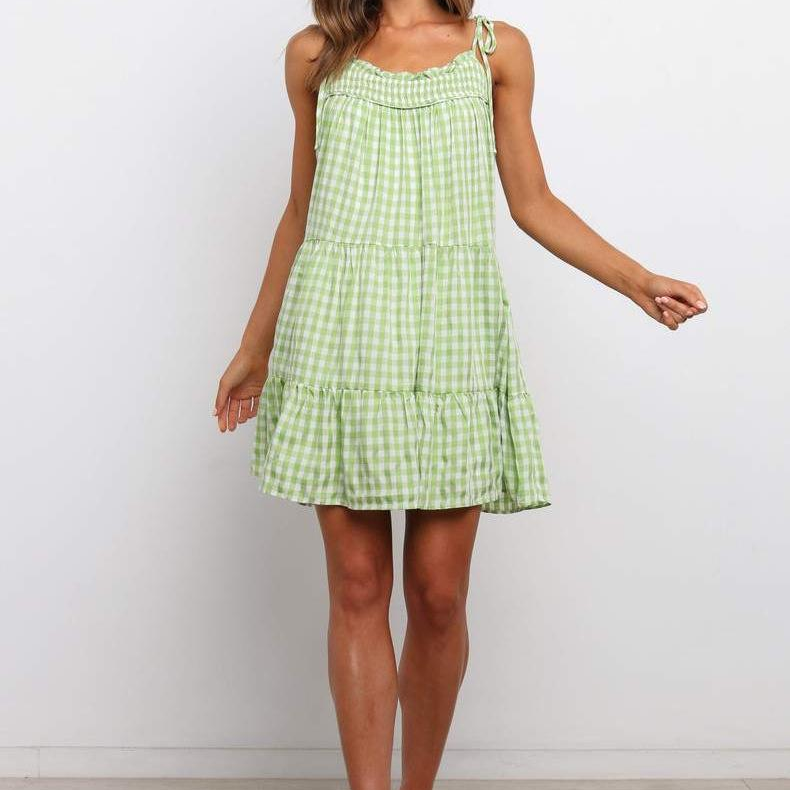 Casual Green Plaid Women Dress Summer Sexy Slash Neck Holiday Style Mini Dress Elegant High-waist Ruffle Dress Vestido