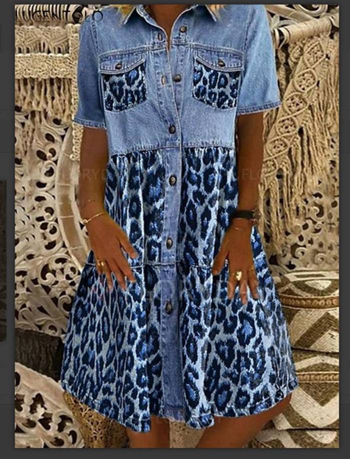 Short Sleeve Dress Women Lapel Casual Print Summer Polyester Single-breasted Blue Female Pocket Short Dress