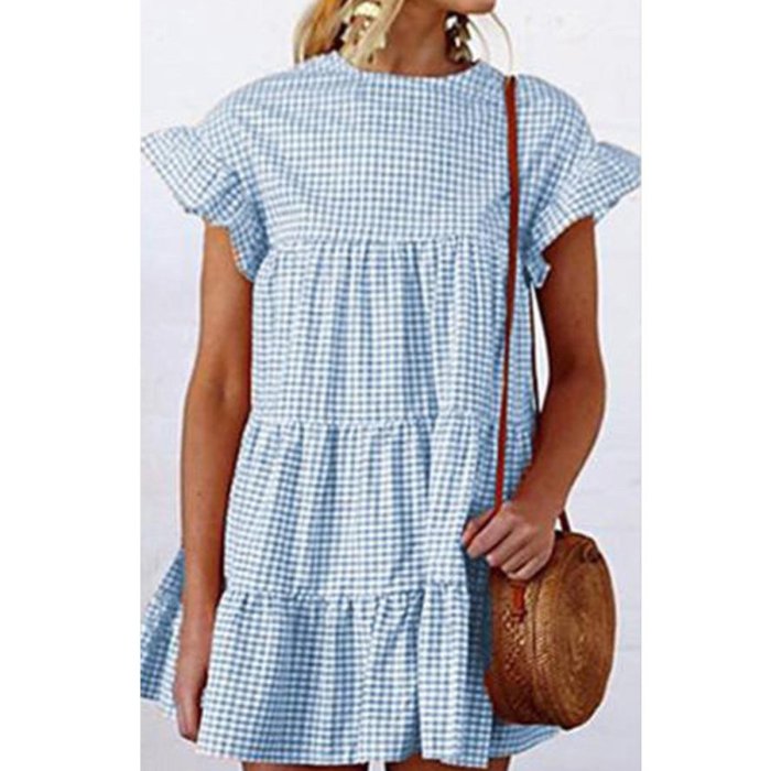 Grid Pattern Casual Short Sleeves Mini Dresses