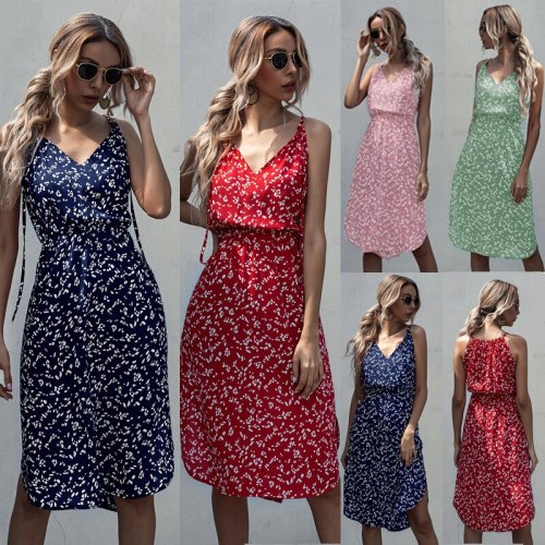 Casual Elegant V-neck Print Women Dress Summer Spaghetti Straps Slim Midi Dress