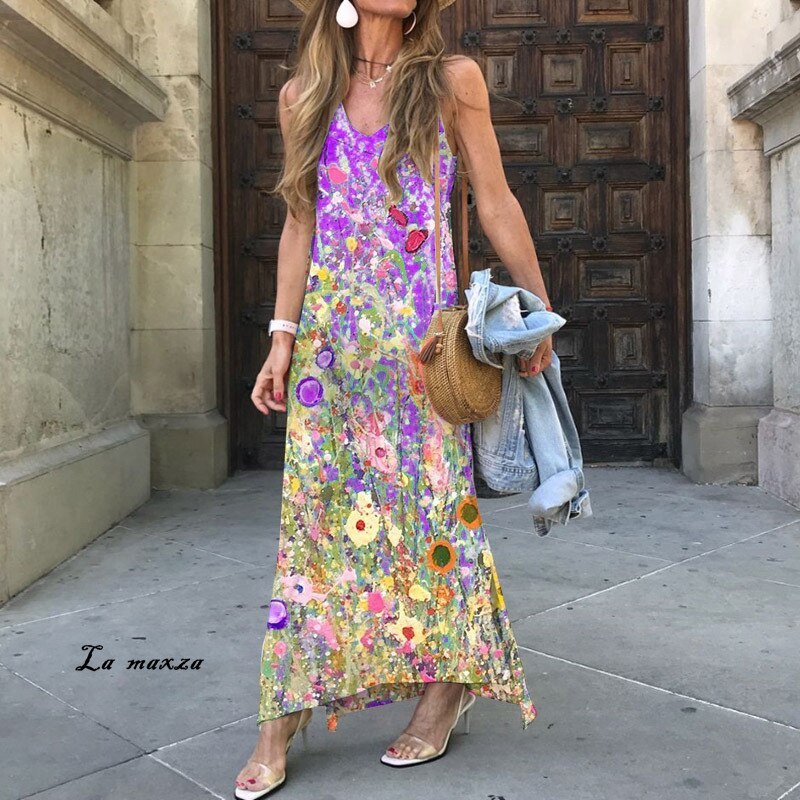 Bohemian Style Print Women Dress 2021 Summer Hot-sale V-neck Spaghetti Straps Maxi Dress